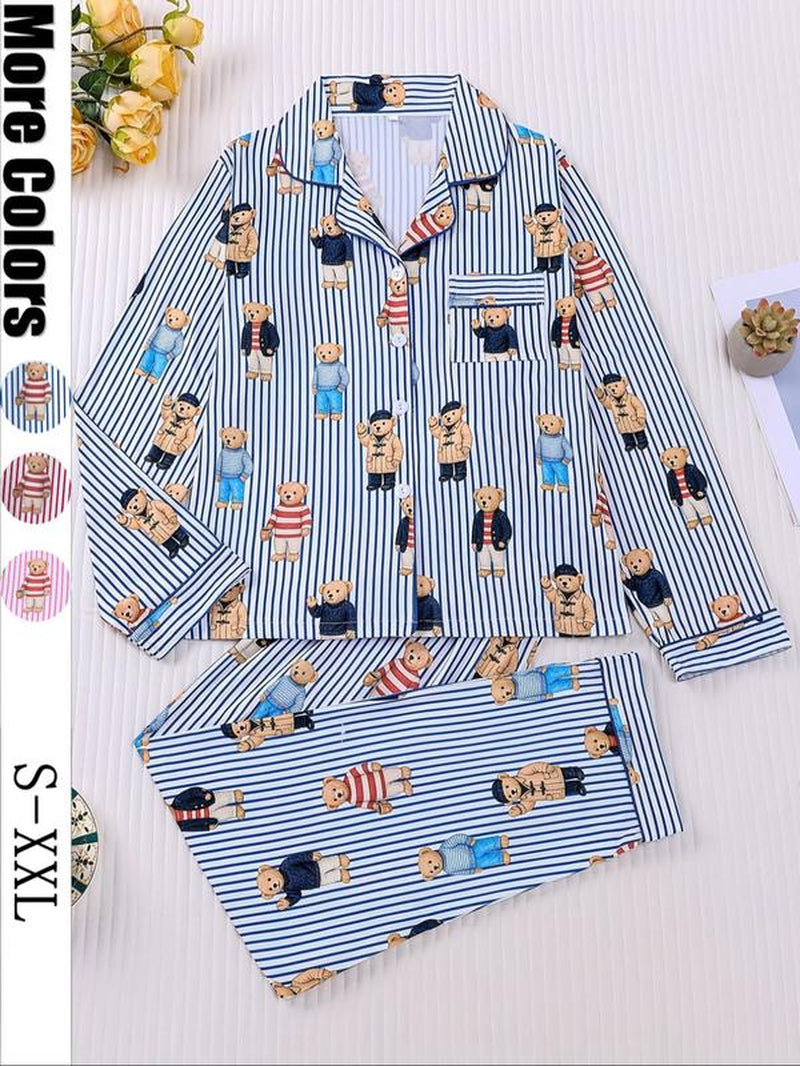 Women'S Fall Winter Pajama Set, Cute Bear Print, Comfortable Lapel Top & Elastic Pants, Casual Home Wear, Ladies Sleepwear Series