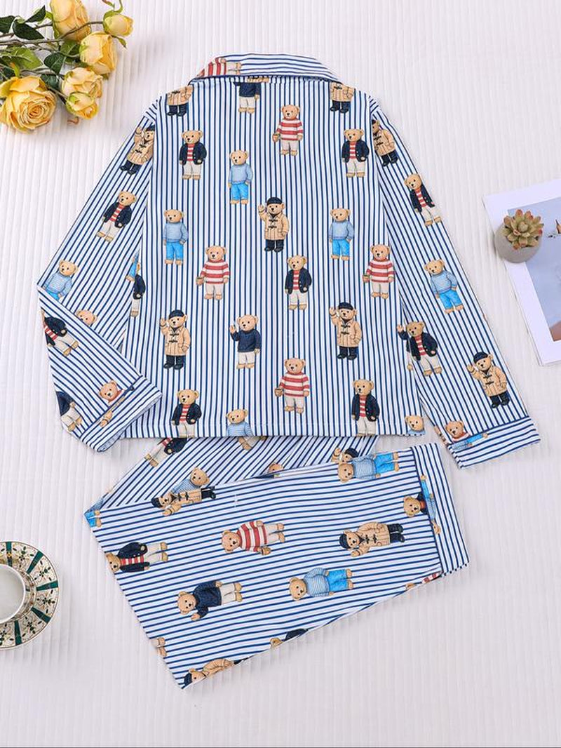 Women'S Fall Winter Pajama Set, Cute Bear Print, Comfortable Lapel Top & Elastic Pants, Casual Home Wear, Ladies Sleepwear Series