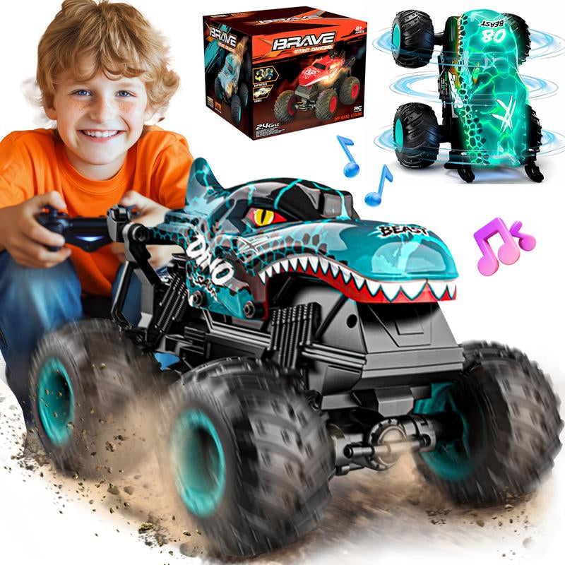 BEZGAR RC Monster Truck - 360° Spin, Lights & Music | Dinosaur Remote Control Car, 1:20 Scale Toy for Boys Ages 4-7