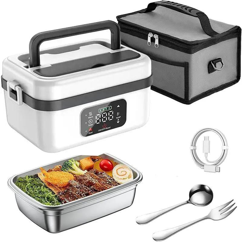 Electric Lunch Box Cordless Heated Lunch Box for Students 12000Mah Battery Portable Insulated Stainless Steel Container Set with Timer Function Leak-Proof Food Warmer for Office School Truck Outdoor Use Christmas Gift Black Friday Tableware
