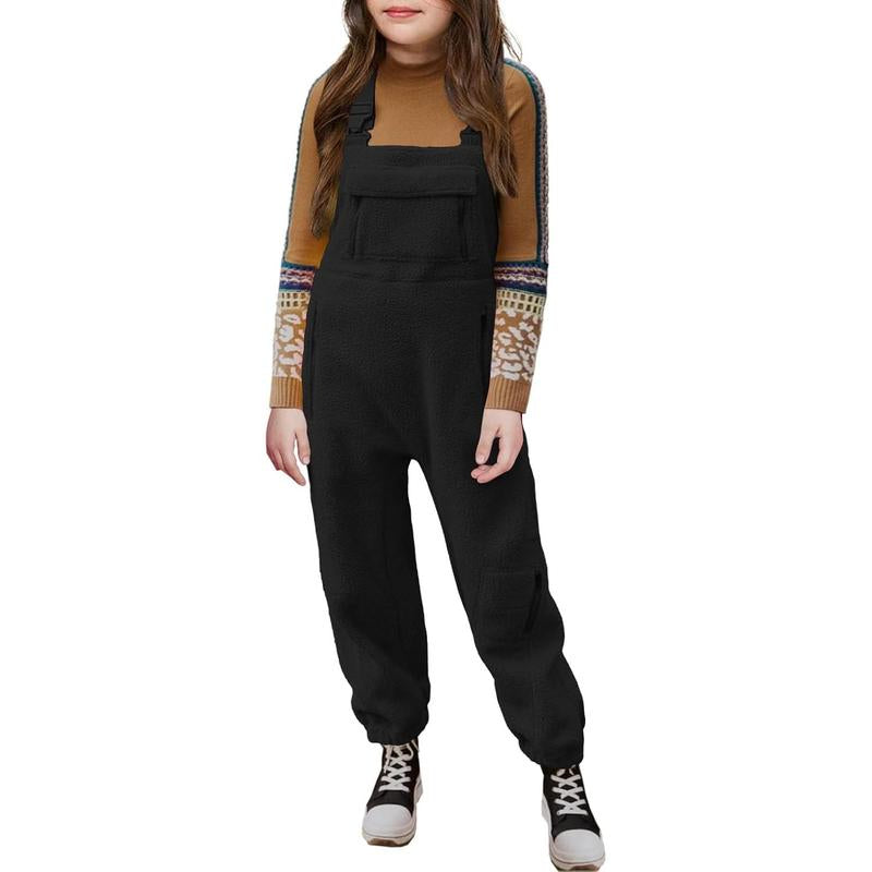 Girls Fleece Overalls Kids Warm Winter Loose Casual Jumpsuits with Pockets 5-14 Years