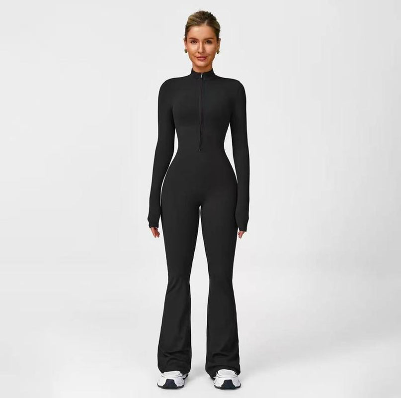 Hijesse Autumn Winter Women'S Long Sleeve Flared Sports Jumpsuit -Zipperjumpsuit, Wide Leg Bodysuit, Sexy One-Piece Yogajumpsuit, Fitness Activewear for the Gym, Casual or Street Wear, Tennis Skirt with Shorts and Tie.Front Activewear Sporty Yoga Set