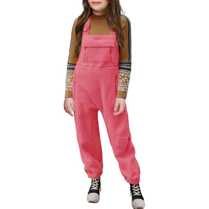 Girls Fleece Overalls Kids Warm Winter Loose Casual Jumpsuits with Pockets 5-14 Years