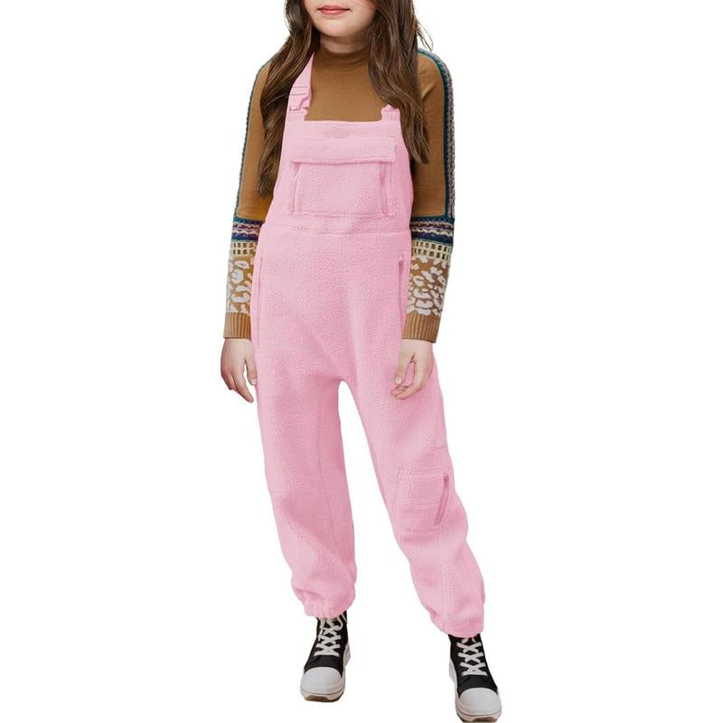 Girls Fleece Overalls Kids Warm Winter Loose Casual Jumpsuits with Pockets 5-14 Years