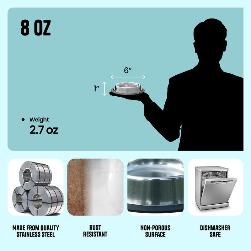 8Oz Traditional Shape Non-Skid Stainless Steel Feeding Bowl for Pets - Dishwasher Safe & Rust-Resistant