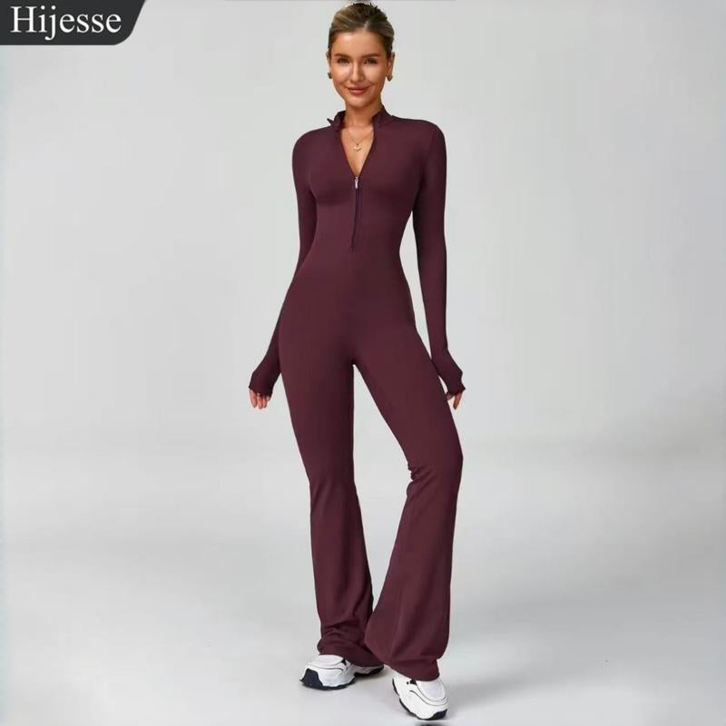 Hijesse Autumn Winter Women'S Long Sleeve Flared Sports Jumpsuit -Zipperjumpsuit, Wide Leg Bodysuit, Sexy One-Piece Yogajumpsuit, Fitness Activewear for the Gym, Casual or Street Wear, Tennis Skirt with Shorts and Tie.Front Activewear Sporty Yoga Set