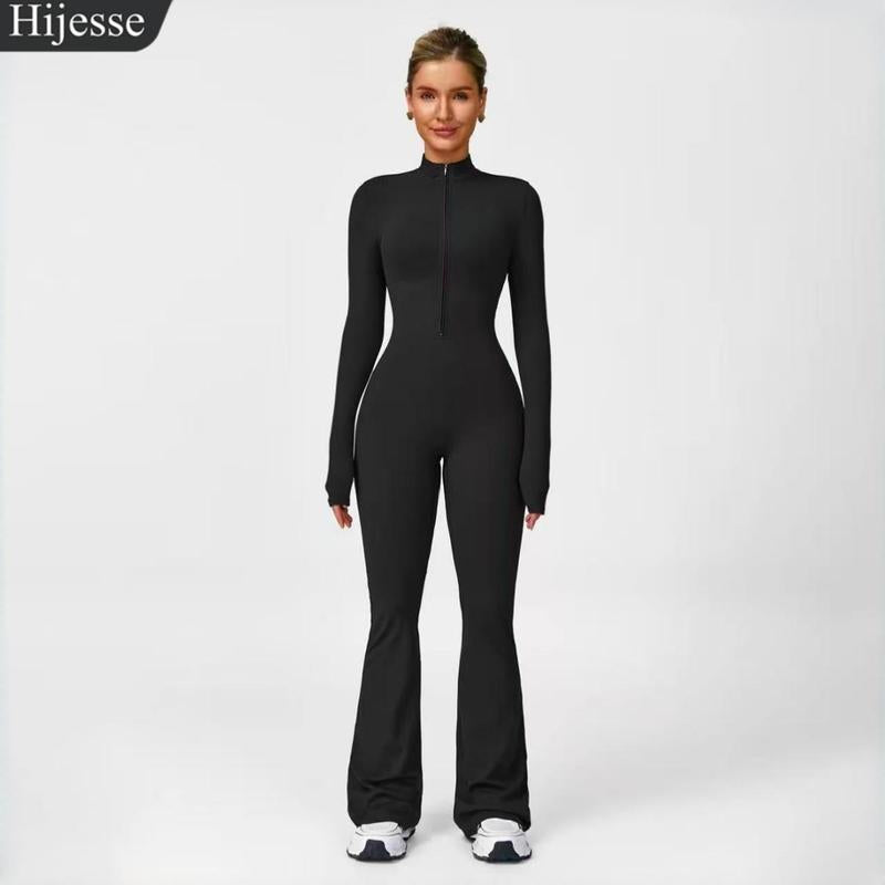 Hijesse Autumn Winter Women'S Long Sleeve Flared Sports Jumpsuit -Zipperjumpsuit, Wide Leg Bodysuit, Sexy One-Piece Yogajumpsuit, Fitness Activewear for the Gym, Casual or Street Wear, Tennis Skirt with Shorts and Tie.Front Activewear Sporty Yoga Set