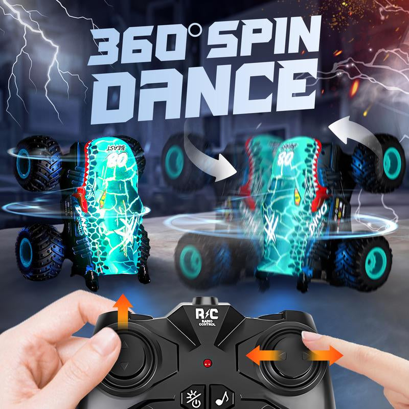 BEZGAR RC Monster Truck - 360° Spin, Lights & Music | Dinosaur Remote Control Car, 1:20 Scale Toy for Boys Ages 4-7