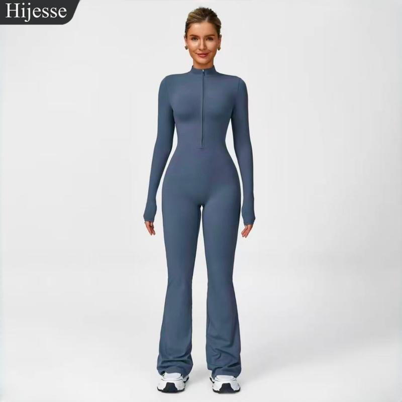 Hijesse Autumn Winter Women'S Long Sleeve Flared Sports Jumpsuit -Zipperjumpsuit, Wide Leg Bodysuit, Sexy One-Piece Yogajumpsuit, Fitness Activewear for the Gym, Casual or Street Wear, Tennis Skirt with Shorts and Tie.Front Activewear Sporty Yoga Set
