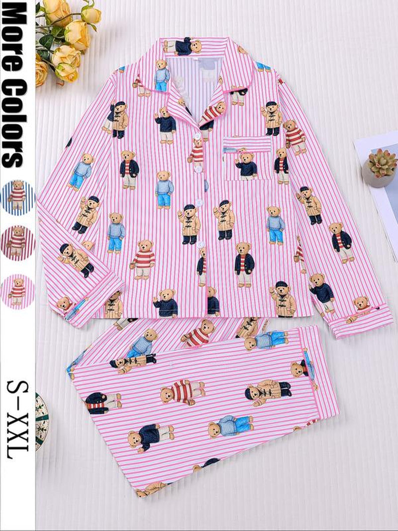 Women'S Fall Winter Pajama Set, Cute Bear Print, Comfortable Lapel Top & Elastic Pants, Casual Home Wear, Ladies Sleepwear Series