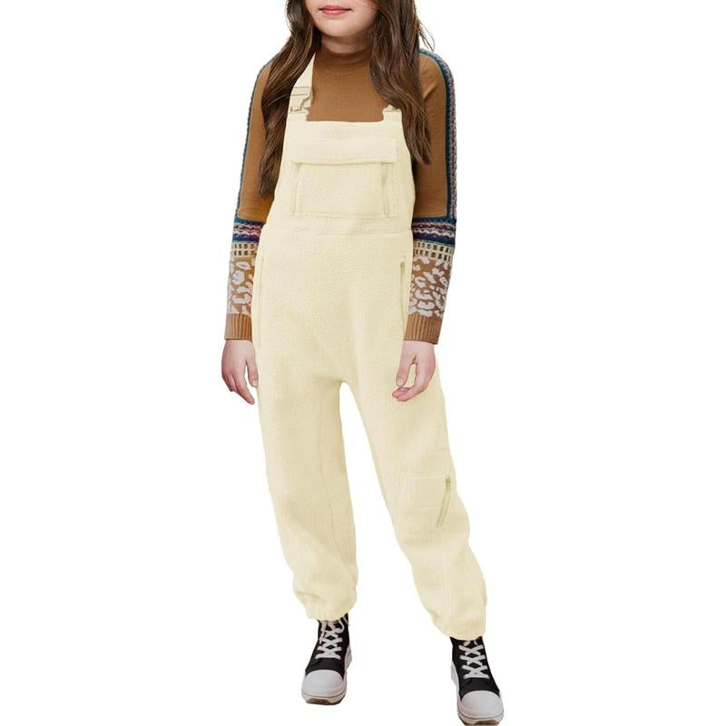 Girls Fleece Overalls Kids Warm Winter Loose Casual Jumpsuits with Pockets 5-14 Years