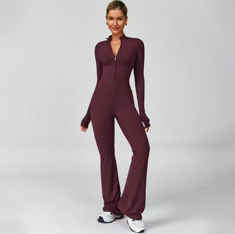 Hijesse Autumn Winter Women'S Long Sleeve Flared Sports Jumpsuit -Zipperjumpsuit, Wide Leg Bodysuit, Sexy One-Piece Yogajumpsuit, Fitness Activewear for the Gym, Casual or Street Wear, Tennis Skirt with Shorts and Tie.Front Activewear Sporty Yoga Set