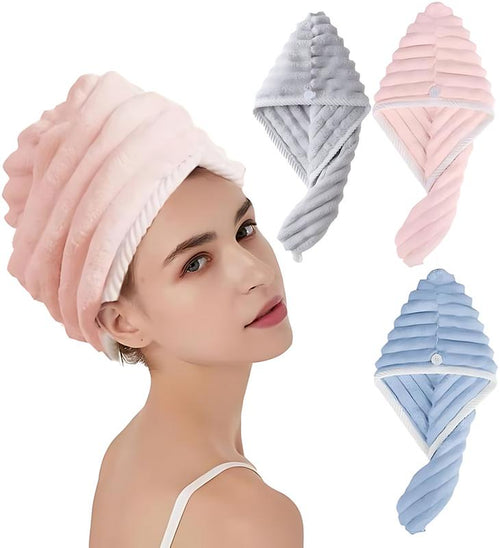 3 Pack Microfiber Hair Towel Wrap for Women, Quick Dry Super Absorbent Hair Turban with Button, anti Frizz Large Drying Towel Set for Bathroom, Travel, Gift Idea Micro Fiber