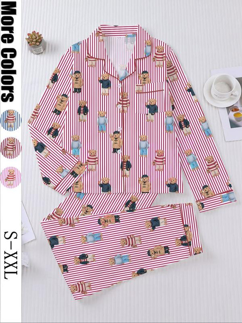 Women'S Fall Winter Pajama Set, Cute Bear Print, Comfortable Lapel Top & Elastic Pants, Casual Home Wear, Ladies Sleepwear Series