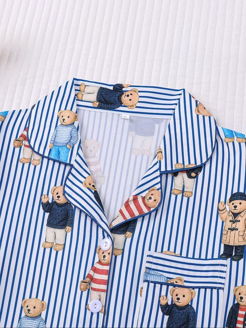 Women'S Fall Winter Pajama Set, Cute Bear Print, Comfortable Lapel Top & Elastic Pants, Casual Home Wear, Ladies Sleepwear Series