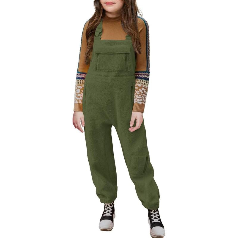 Girls Fleece Overalls Kids Warm Winter Loose Casual Jumpsuits with Pockets 5-14 Years