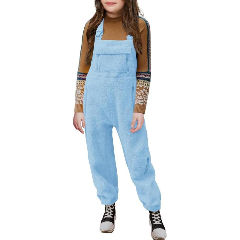 Girls Fleece Overalls Kids Warm Winter Loose Casual Jumpsuits with Pockets 5-14 Years