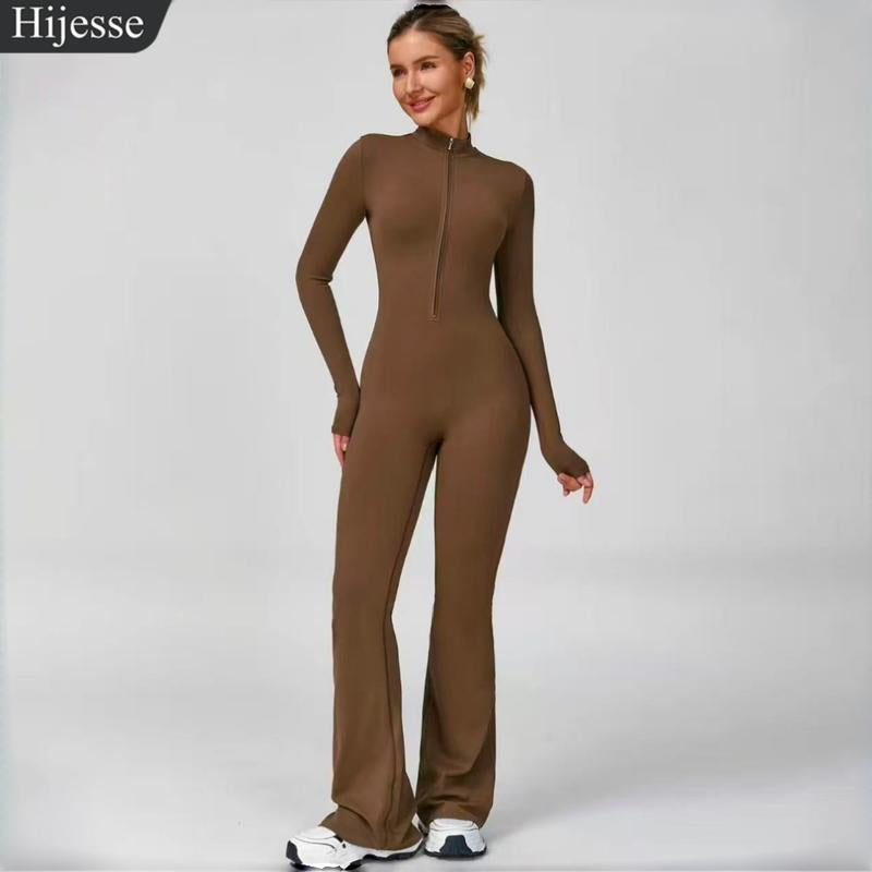 Hijesse Autumn Winter Women'S Long Sleeve Flared Sports Jumpsuit -Zipperjumpsuit, Wide Leg Bodysuit, Sexy One-Piece Yogajumpsuit, Fitness Activewear for the Gym, Casual or Street Wear, Tennis Skirt with Shorts and Tie.Front Activewear Sporty Yoga Set