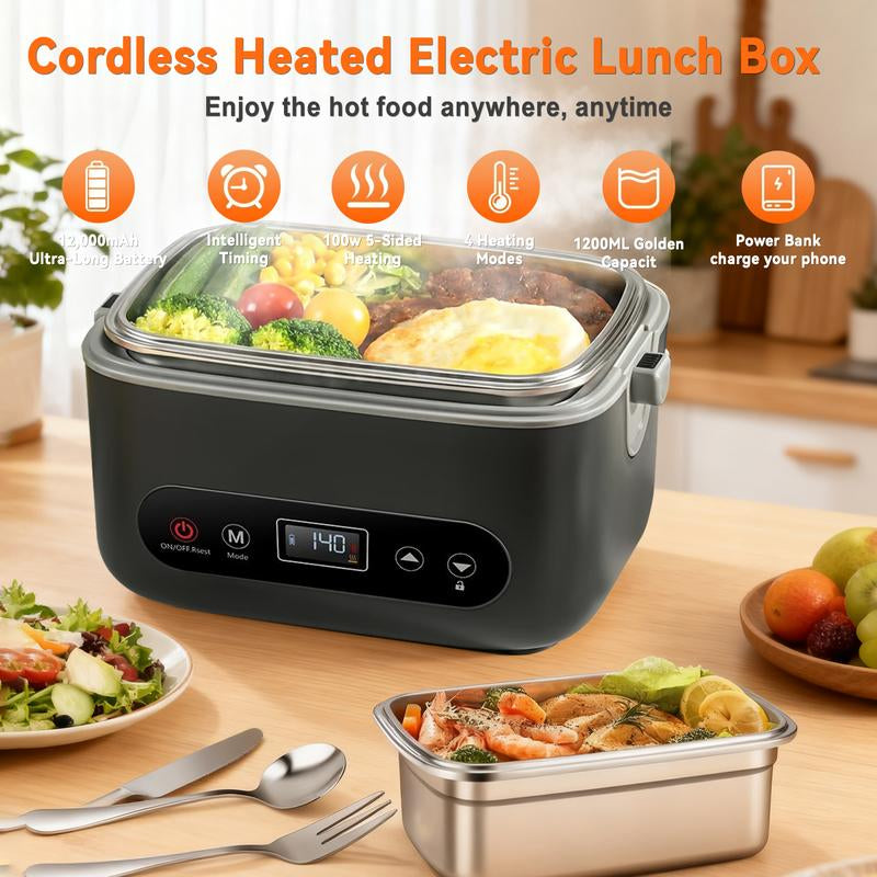 Electric Lunch Box Cordless Heated Lunch Box for Students 12000Mah Battery Portable Insulated Stainless Steel Container Set with Timer Function Leak-Proof Food Warmer for Office School Truck Outdoor Use Christmas Gift Black Friday Tableware