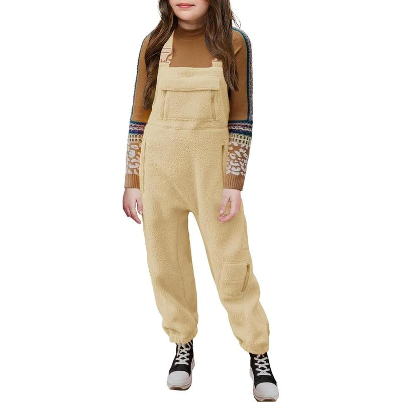 Girls Fleece Overalls Kids Warm Winter Loose Casual Jumpsuits with Pockets 5-14 Years