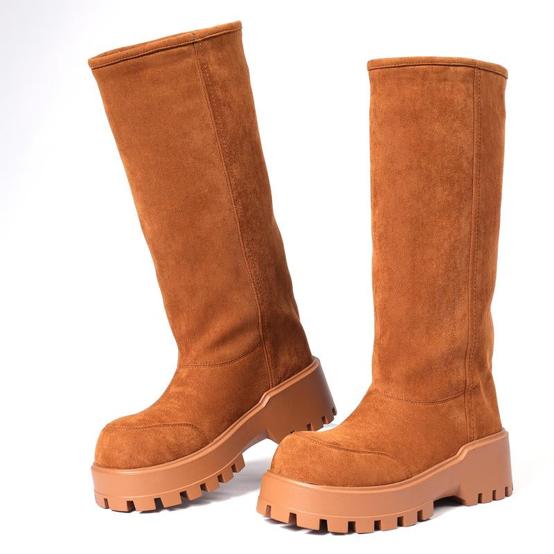 CELNEPHO Knee High Snow Boots for Women Suede round Toe Chunky Platform Heel Warm Chunky Platform Heel Cozy Easy Pull on Winter Boot Casual Dress Shoes Stepup Style