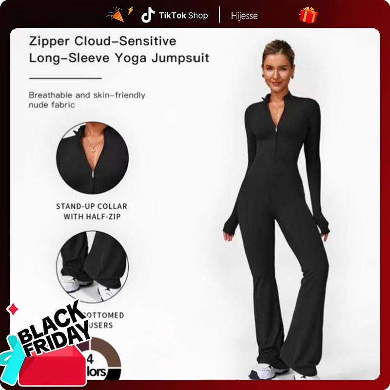 Hijesse Autumn Winter Women'S Long Sleeve Flared Sports Jumpsuit -Zipperjumpsuit, Wide Leg Bodysuit, Sexy One-Piece Yogajumpsuit, Fitness Activewear for the Gym, Casual or Street Wear, Tennis Skirt with Shorts and Tie.Front Activewear Sporty Yoga Set