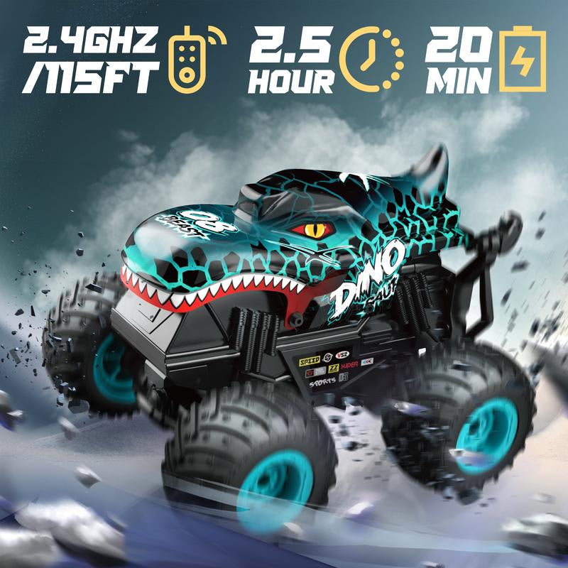 BEZGAR RC Monster Truck - 360° Spin, Lights & Music | Dinosaur Remote Control Car, 1:20 Scale Toy for Boys Ages 4-7