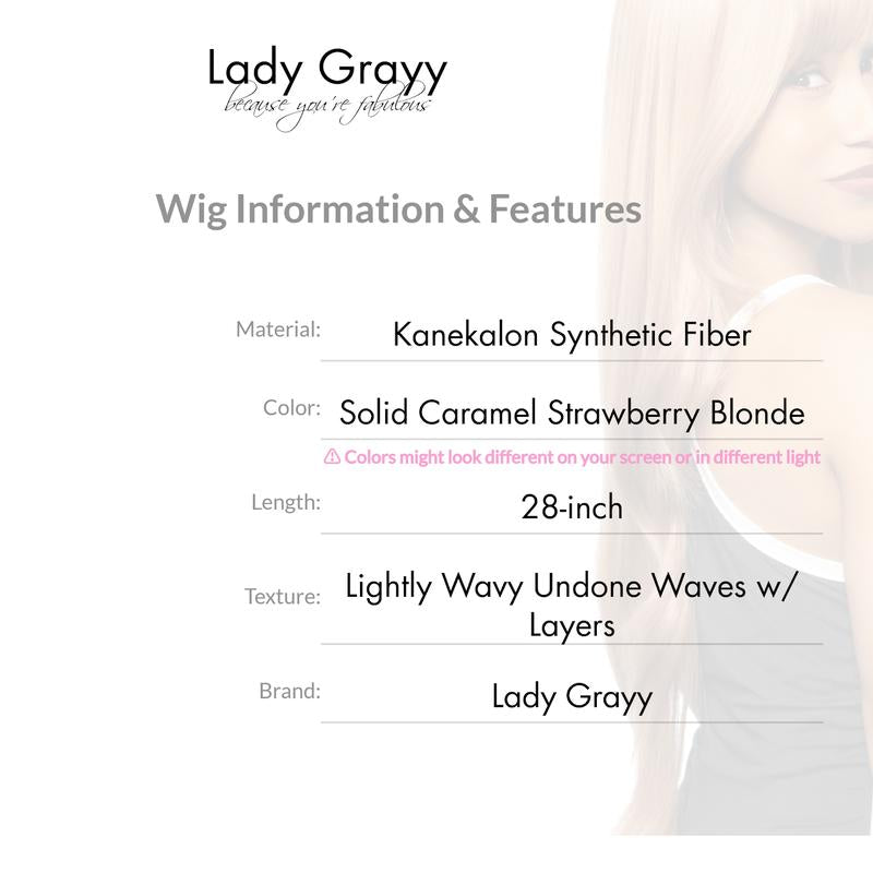 28-Inch Solid Caramel Strawberry Blonde Lightly Wavy Undone Waves W/ Layers Synthetic Wig | 【Heat Resistant】【Cap Included】 |