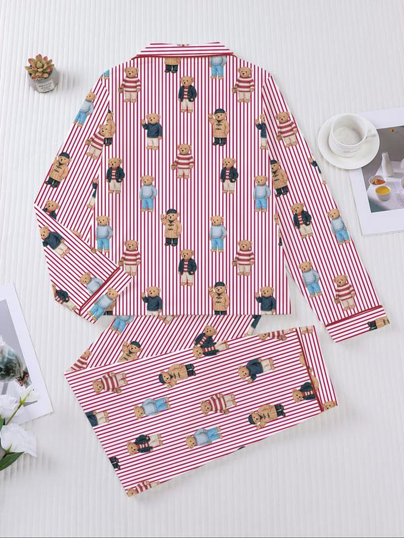 Women'S Fall Winter Pajama Set, Cute Bear Print, Comfortable Lapel Top & Elastic Pants, Casual Home Wear, Ladies Sleepwear Series
