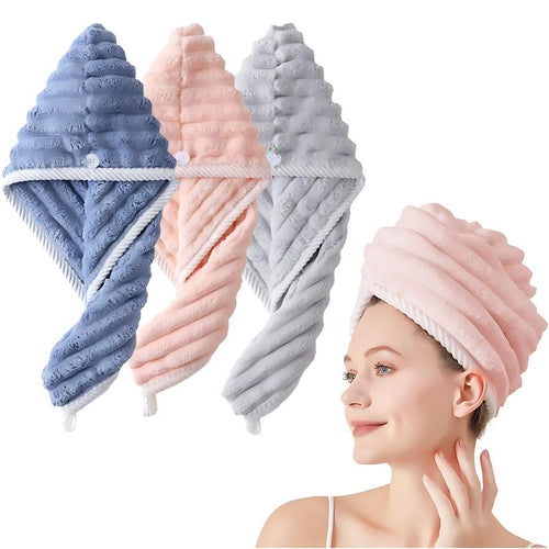 3 Pack Microfiber Hair Towel Wrap for Women, Quick Dry Super Absorbent Hair Turban with Button, anti Frizz Large Drying Towel Set for Bathroom, Travel, Gift Idea Micro Fiber