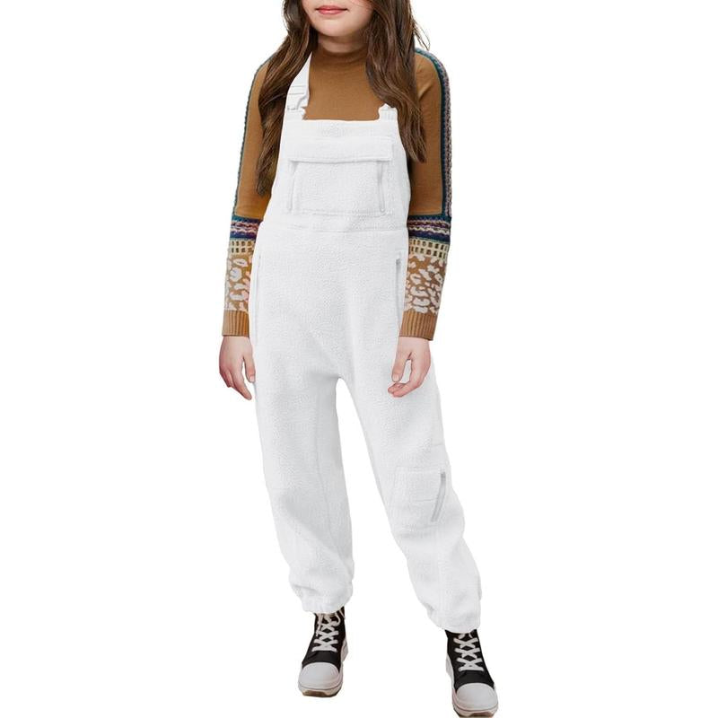 Girls Fleece Overalls Kids Warm Winter Loose Casual Jumpsuits with Pockets 5-14 Years